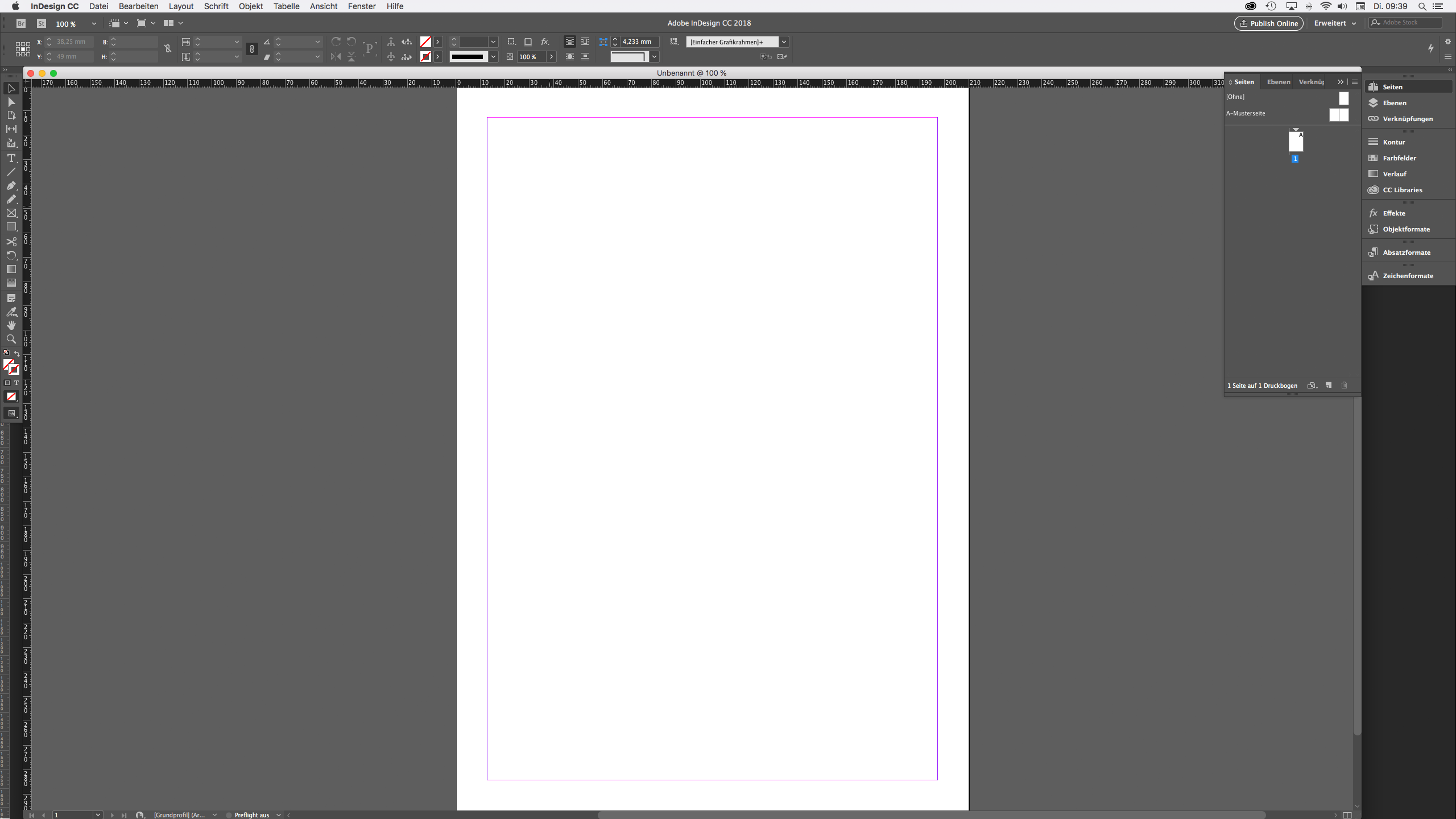 Screenshot von Adobe InDesign mit einem leeren Dokument.