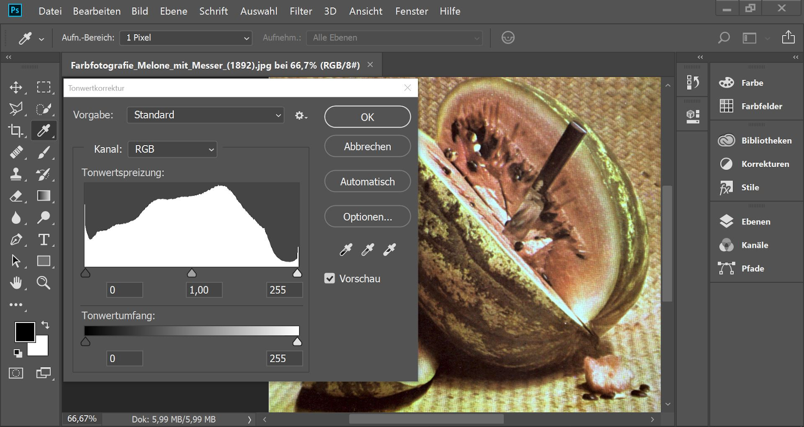 Screenshot der Photoshop-Oberfläche mit geöffneter Tonwertkorrektur